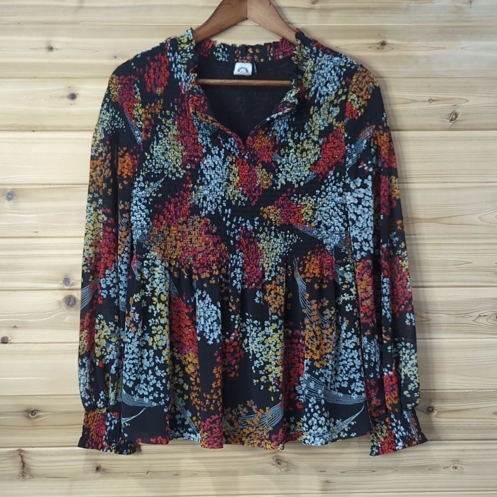 Anthropologie Blouse Womens Small Multicolor Akemi Kim Floral Smocked Boho